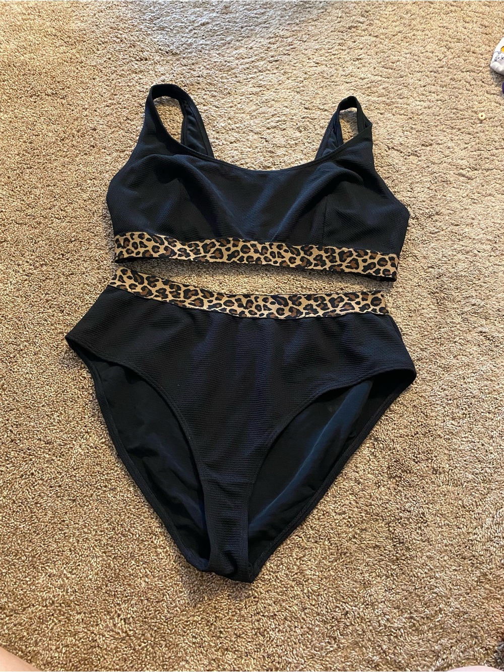 Black One-Piece Swimsuit with Leopard Waistband